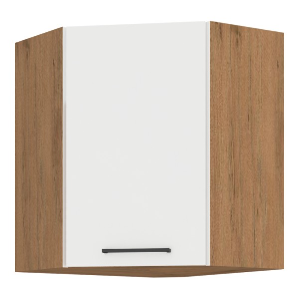 Cabinet superior de colţ, alb extra lucios HG/stejar Lancelot, VEGA 58x58 GN-72 1F