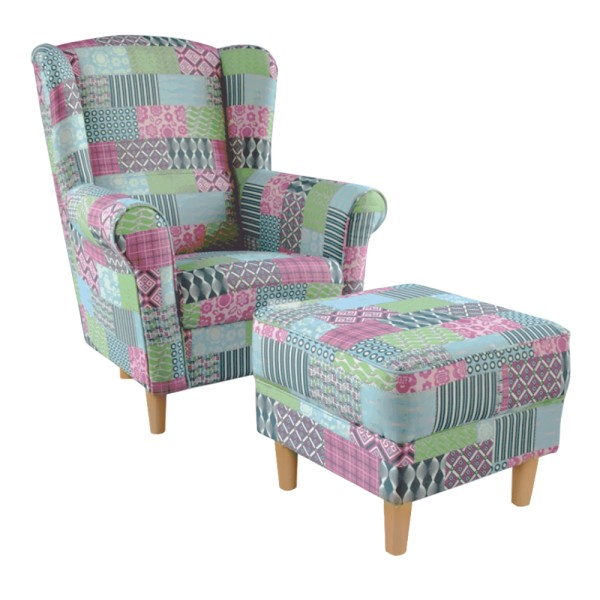 Fotoliu cu taburet, patchwork multicolor, ASTRID
