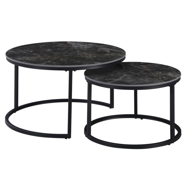 Măsuţe de cafea, set de 2, marmură negru/oţel negru, LASTRO