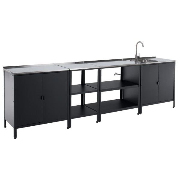 Mobilier de bucătărie de grădină cu 4 piese, chiuvetă, negru, oţel, INES