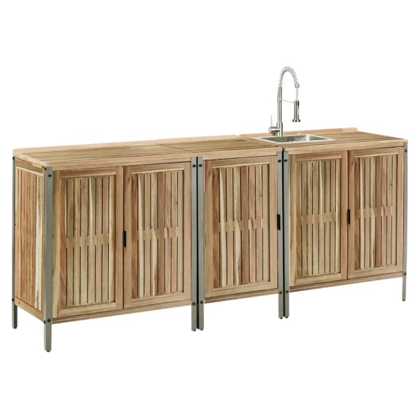 Mobilier de bucătărie pentru grădină din 3 piese cu chiuvetă, lemn de salcâm, natural, ALIENA