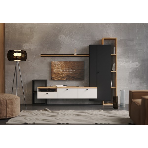 Mobilier de perete living, negru/alb/stejar craft auriu, DENISO