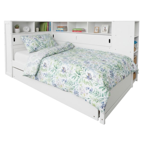 Pat cu rafturi şi pat suplimentar, alb, 90x200, LENDON