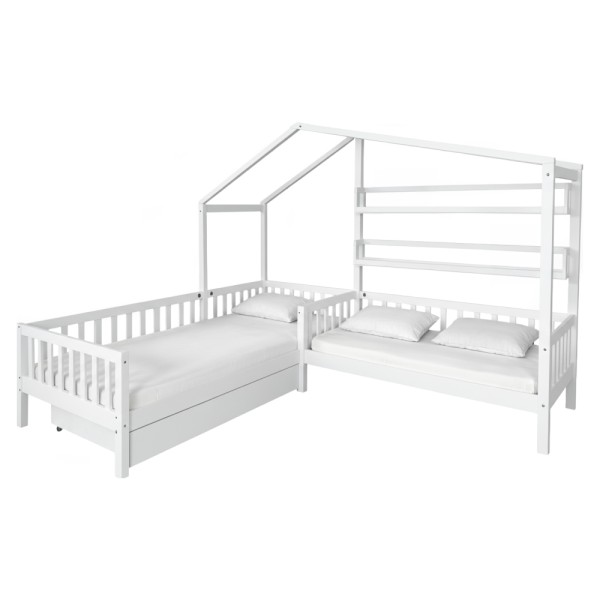 Pat cu şipci pentru 2 copii, 90x200 +70x140 cm, alb, ENOLA