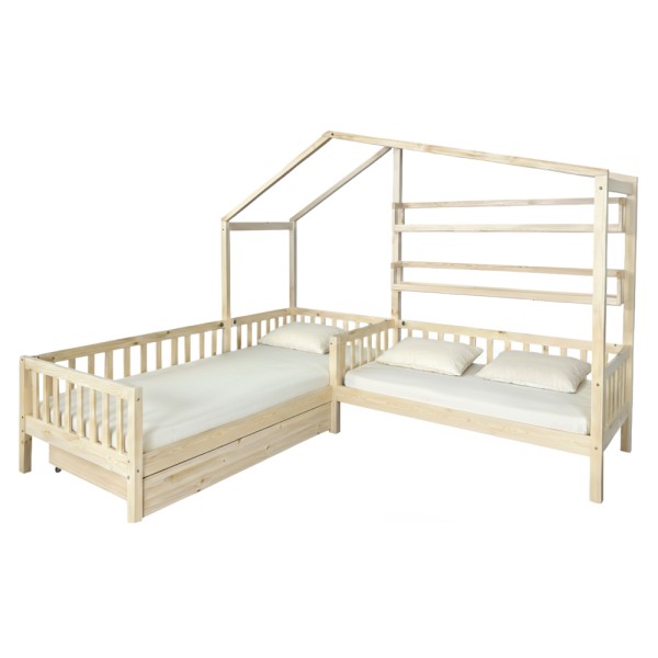 Pat cu şipci pentru 2 copii, 90x200 +70x140 cm, natural, ENOLA