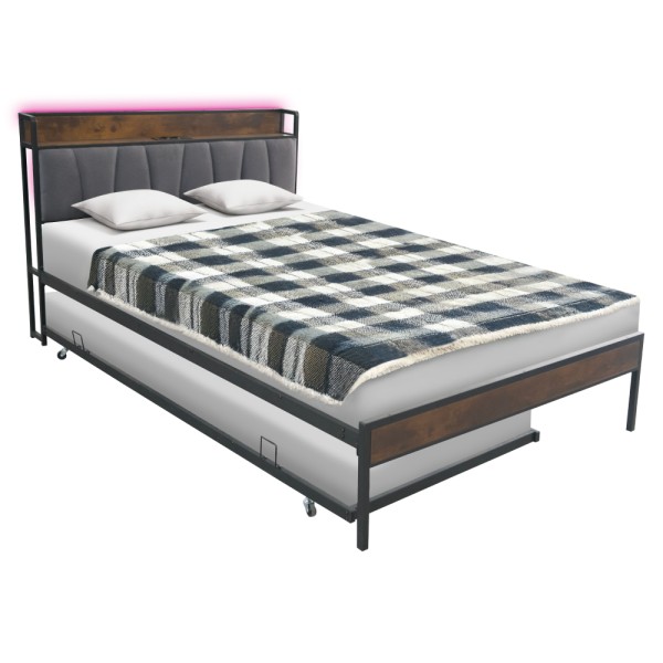 Pat cu somieră şi pat suplimentar extensibil, 160x200, negru/gri, NORDO