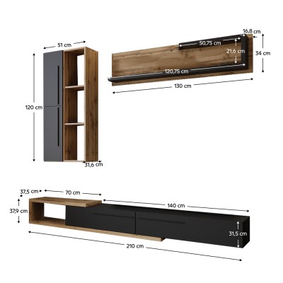 Ansamblu living, stejar Tacho/antracit, KALVADOS 2