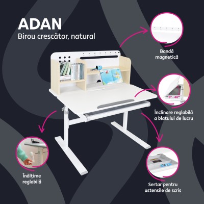 Birou crescător, natural/alb, ADAN