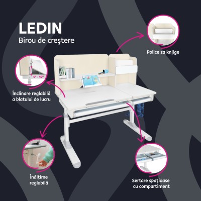 Birou crescător, natural/alb, LEDIN