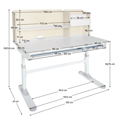 Birou crescător, natural/alb, LEDIN