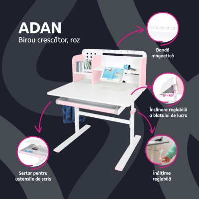 Birou crescător, roz/alb, ADAN