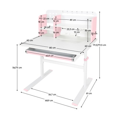 Birou crescător, roz/alb, ADAN