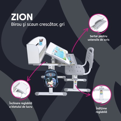 Birou şi scaun crescător, gri/alb, set ZION