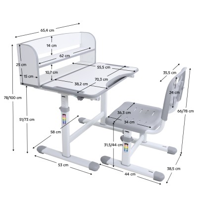 Birou şi scaun crescător, gri/alb, set ZION