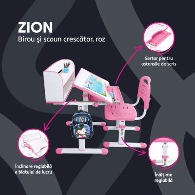 Birou şi scaun pentru creştere, roz/alb, set ZION