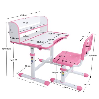 Birou şi scaun pentru creştere, roz/alb, set ZION