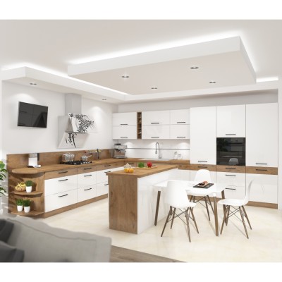 Cabinet superior de colţ, alb extra lucios HG/stejar Lancelot, VEGA 58x58 GN-72 1F