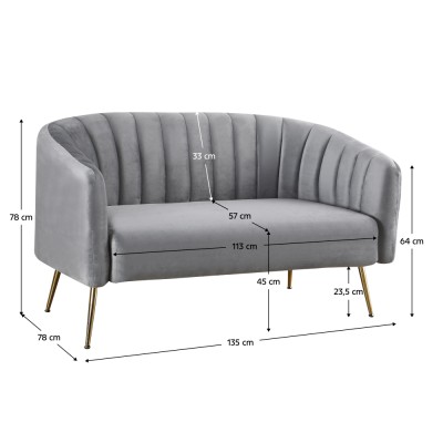 Canapea de design cu 2 locuri, ţesătură Velvet gri/gold crom-auriu, BAGY