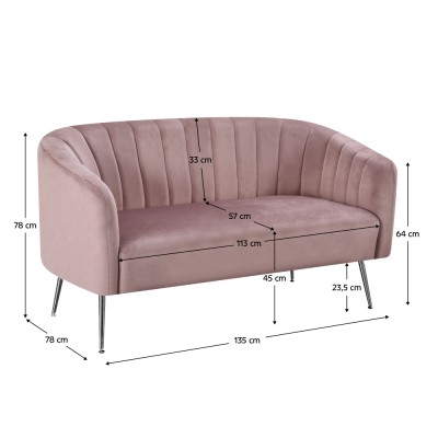 Canapea de design cu 2 locuri, ţesătură Velvet roz/crom-argintiu, BAGY