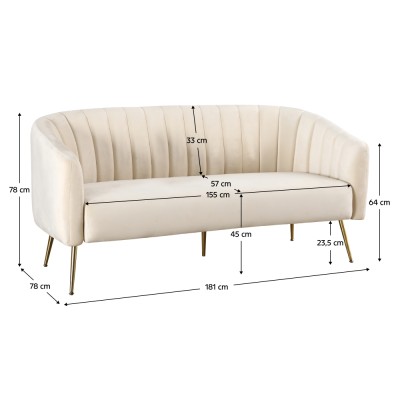 Canapea de design cu 3 locuri, ţesătură Velvet bej/gold crom-auriu, BAGY