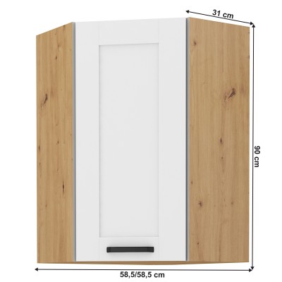 Dulap superior, de colţ, alb/stejar artisan, LULA 58x58 GN-90 1F