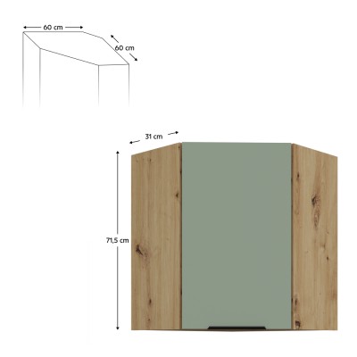 Dulăpior de colţ superior, aquamarine/stejar artisan, ARSANY 60x60 GN-72 1F