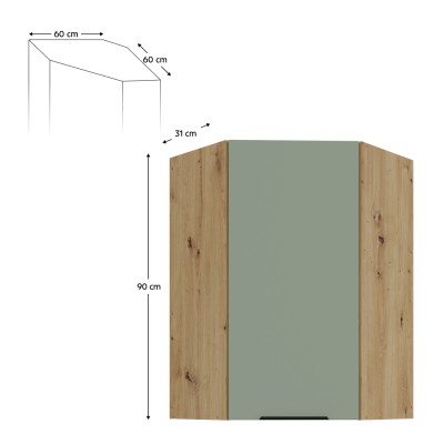 Dulăpior de colţ superior, aquamarine/stejar artisan, ARSANY 60x60 GN-90 1F