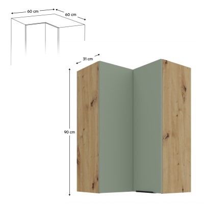Dulăpior de colţ superior, aquamarine/stejar artisan, ARSANY 60x60 GN-90 2F