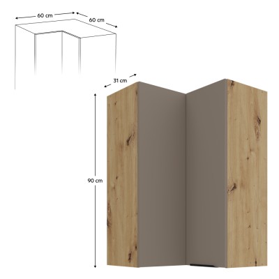 Dulăpior de colţ superior, sandgrau/stejar artisan, FRISBO 60x60 GN-90 2F