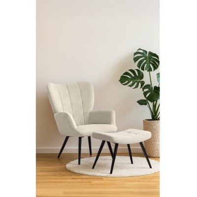 Fotoliu cu suport pentru picioare, alb Velvet ţesătură/negru, HABEN