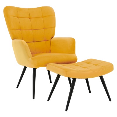 Fotoliu cu suport pentru picioare, galben ţesătură Velvet/negru, HABEN