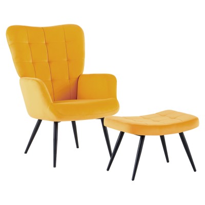 Fotoliu cu suport pentru picioare, galben ţesătură Velvet/negru, HABEN