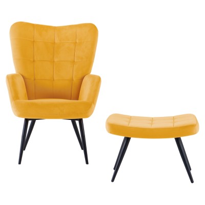 Fotoliu cu suport pentru picioare, galben ţesătură Velvet/negru, HABEN