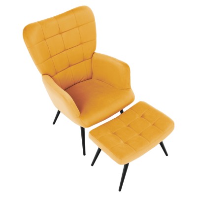 Fotoliu cu suport pentru picioare, galben ţesătură Velvet/negru, HABEN