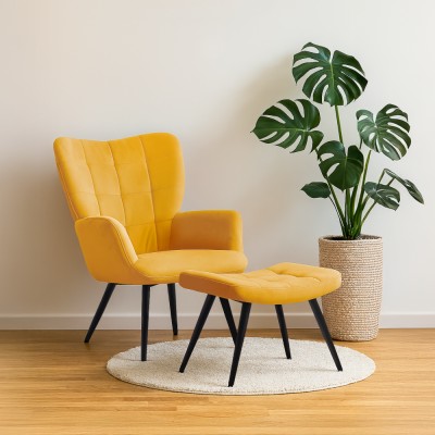Fotoliu cu suport pentru picioare, galben ţesătură Velvet/negru, HABEN