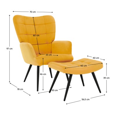 Fotoliu cu suport pentru picioare, galben ţesătură Velvet/negru, HABEN