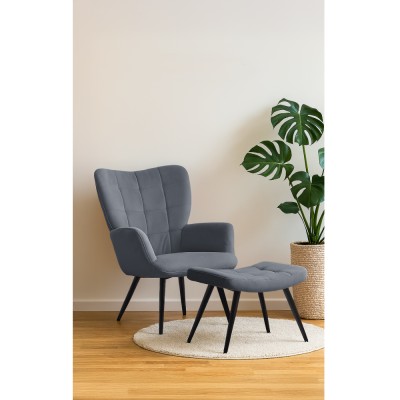 Fotoliu cu suport pentru picioare, ţesătură Velvet gri/negru, HABEN