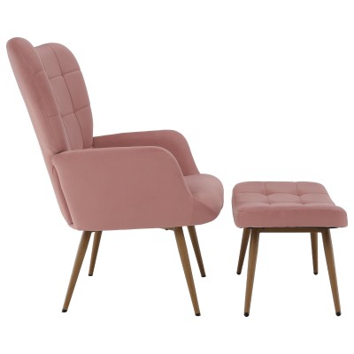 Fotoliu cu suport pentru picioare, ţesătură Velvet roz/stejar, HABEN
