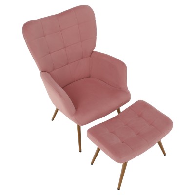 Fotoliu cu suport pentru picioare, ţesătură Velvet roz/stejar, HABEN