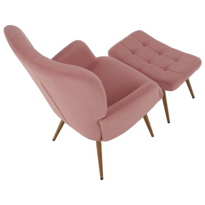Fotoliu cu suport pentru picioare, ţesătură Velvet roz/stejar, HABEN