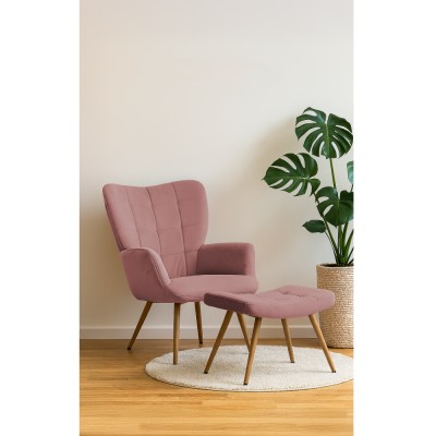 Fotoliu cu suport pentru picioare, ţesătură Velvet roz/stejar, HABEN