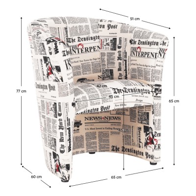 Fotoliu de club, alb/ motiv ziare, CUBA