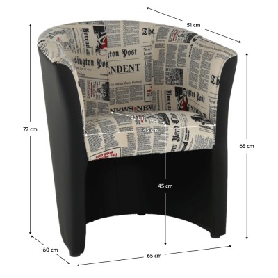 Fotoliu de club, piele ecologică neagră/ motiv ziare, CUBA