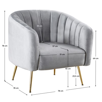 Fotoliu de design, ţesătură Velvet gri/gold crom-auriu, BAGY