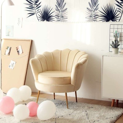 Fotoliu în stilul Art-deco, bej ţesătură Velvet/gold crom auriu, NOBLEO