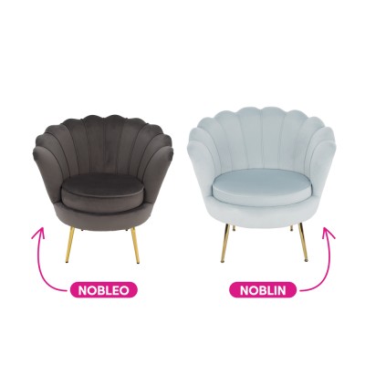 Fotoliu tip scoică, catifea gri-albastru/crom auriu, JOLIE