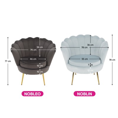 Fotoliu tip scoică, catifea gri-albastru/crom auriu, JOLIE