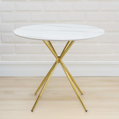 Masă de bucătărie, marmură albă/gold crom aurie, diametru 90 cm, MEKNER