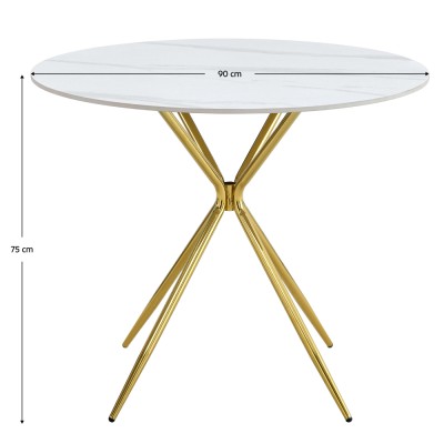 Masă de bucătărie, marmură albă/gold crom aurie, diametru 90 cm, MEKNER