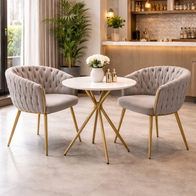 Masă de bucătărie, marmură albă/gold crom aurie, diametru 90 cm, MEKNER